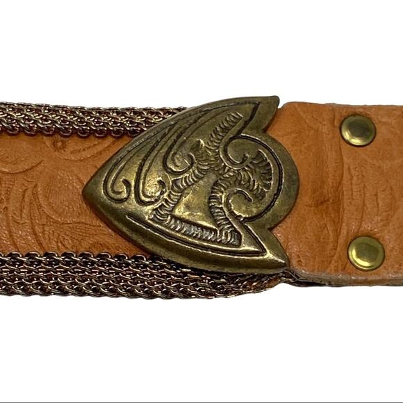 Sand Castle Floral Embossed Tan Leather & Metal Mesh Western Style Belt - Picture 6 of 9